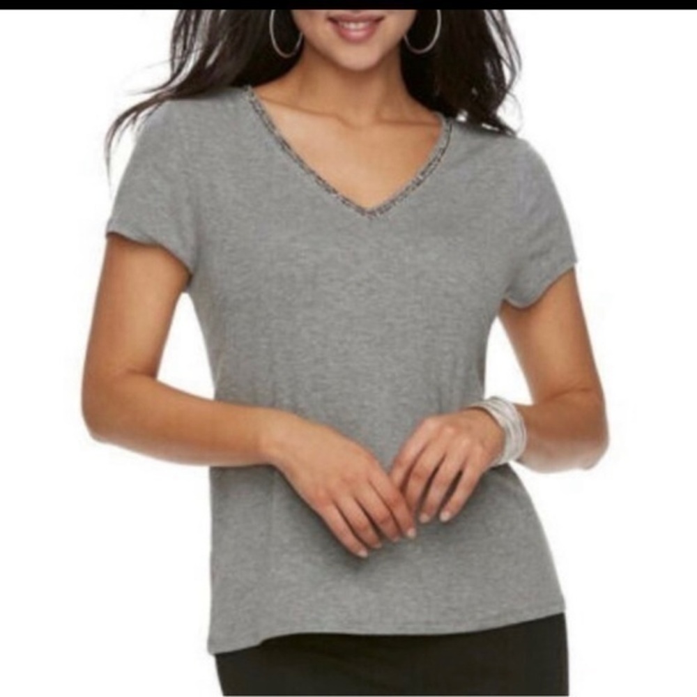 JLO Jennifer Lopez Embellished Bling V Neck Collar short sleeve shirt Top sz XS